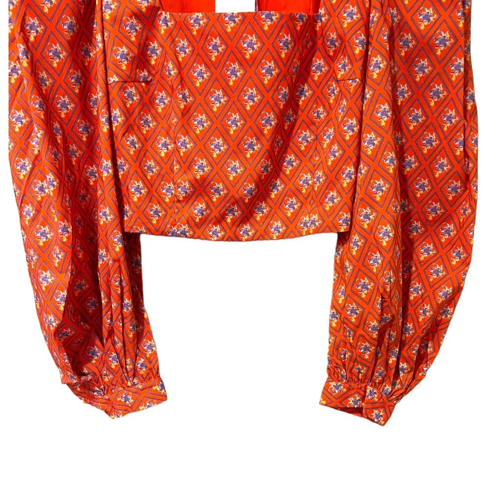 Caroline Constas Elliot Floral Balloon Sleeve Crop Top in Red Diamond Toile (M) - Picture 6 of 11